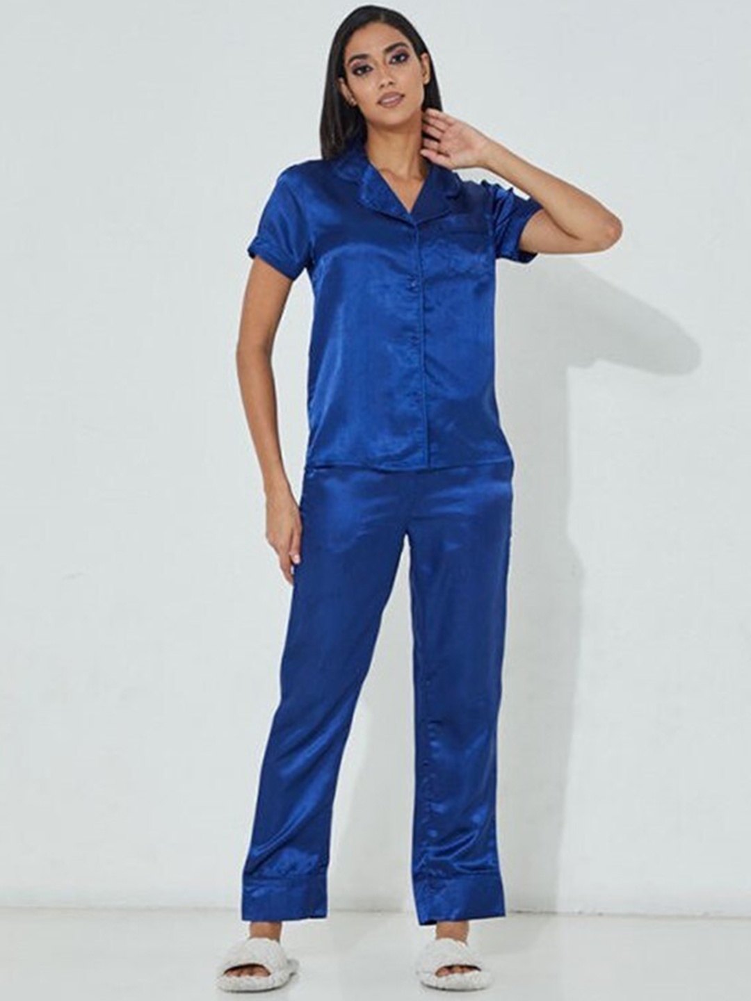 

Aila Lapel Collar Pure Cotton Shirt With Trouser, Blue