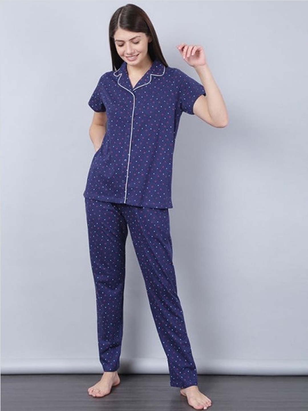 

Aila Polka Dots Printed Night suit, Blue