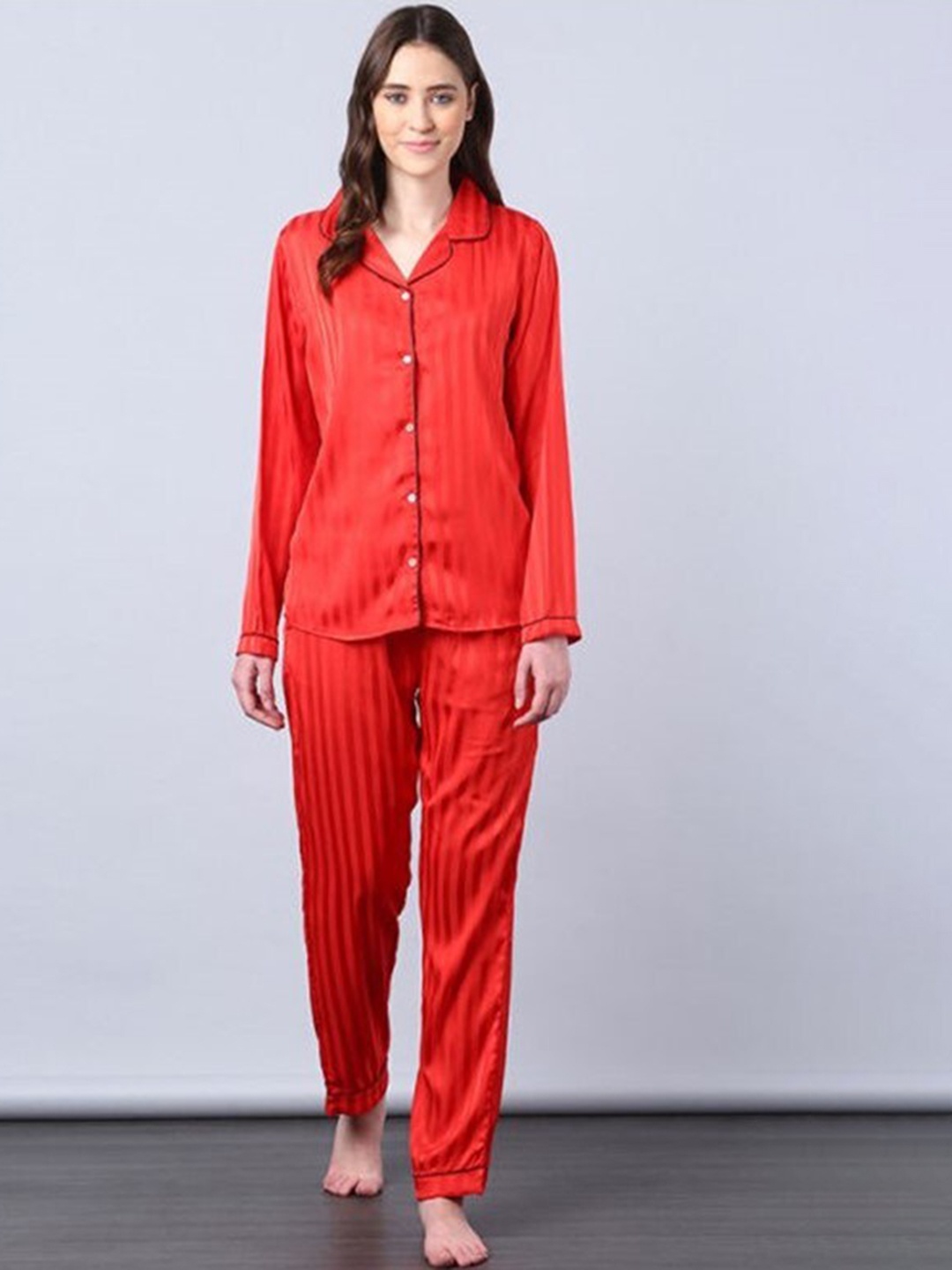 

Aila Striped Night Suit, Red