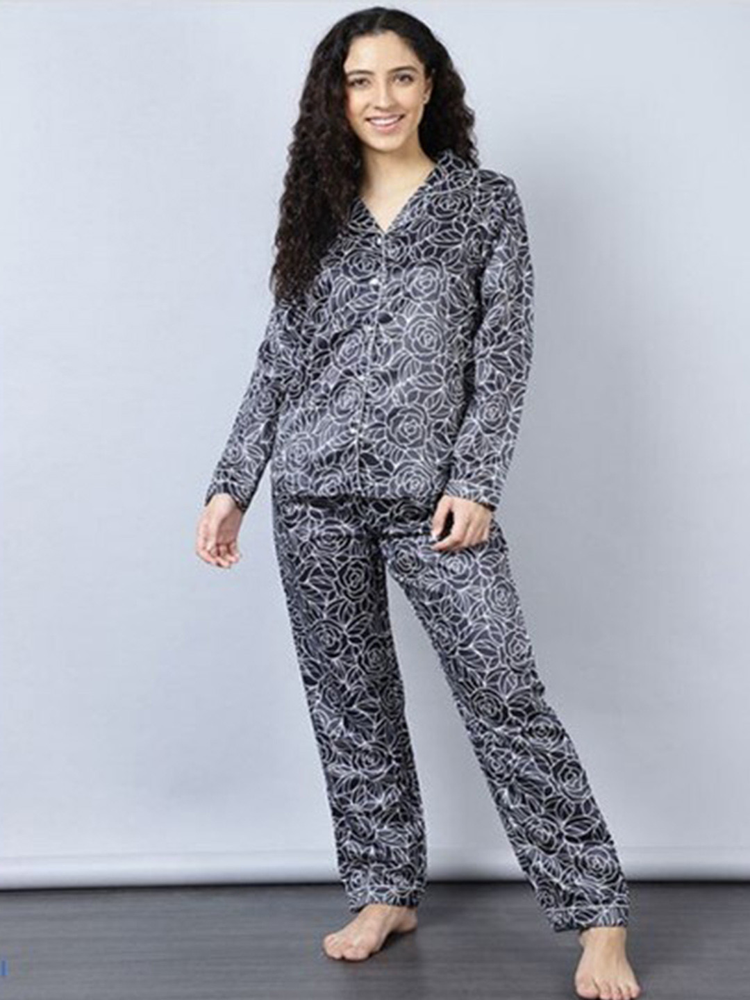 

Aila Floral Printed Lapel Collar Pure Cotton Night suit, Black