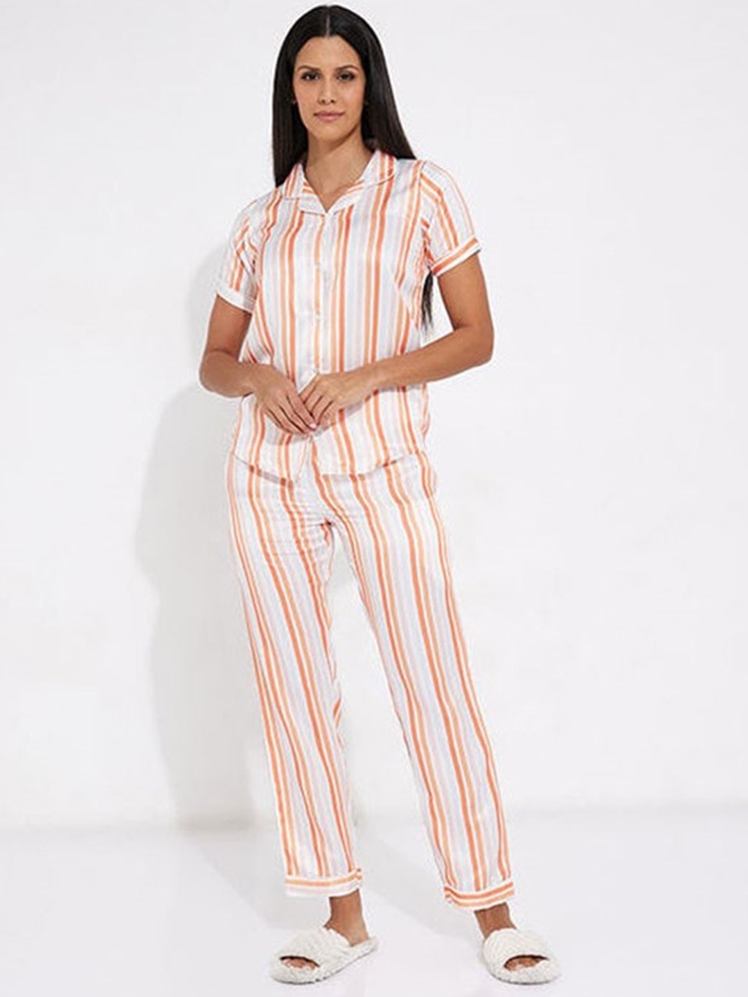 

Aila Striped Night Suit, White