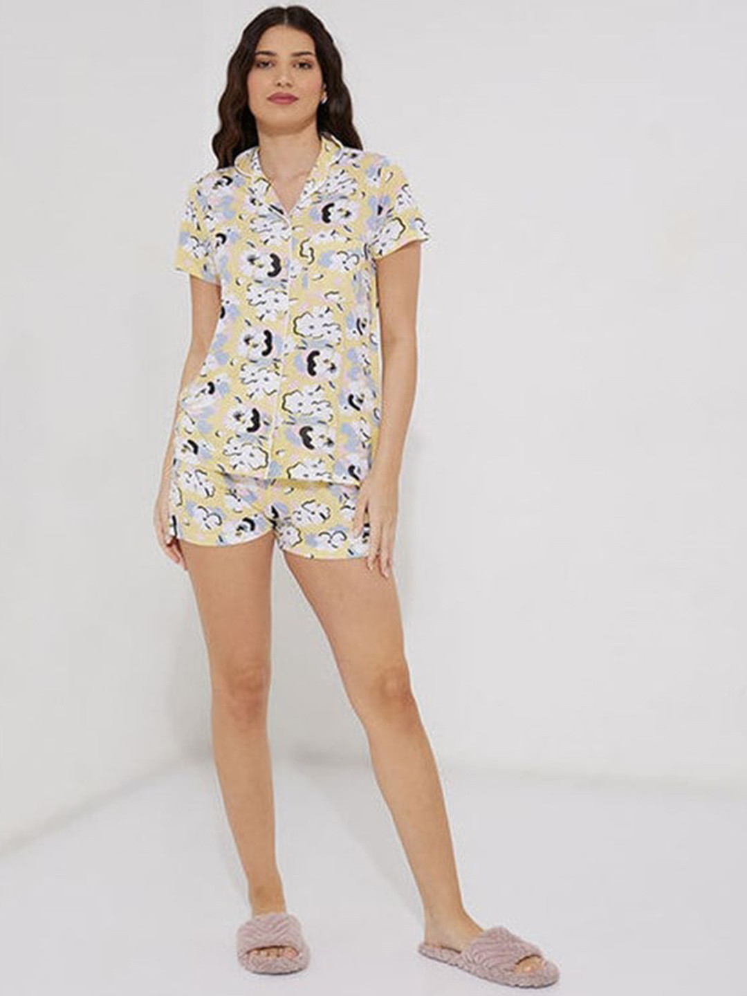 

Aila Floral Printed Shirt With Shorts, Yellow