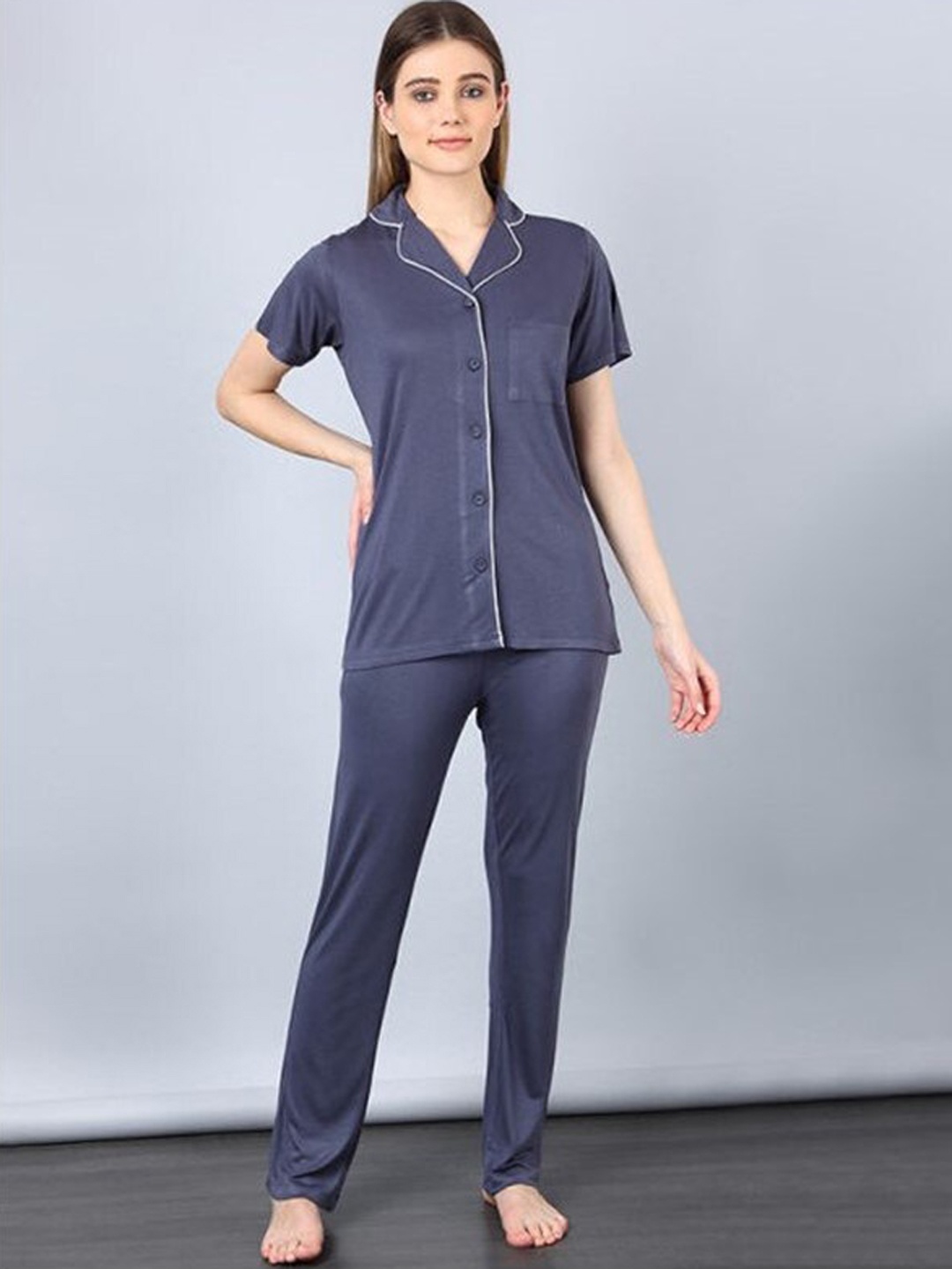 

Aila Lapel Collar Night suit, Blue