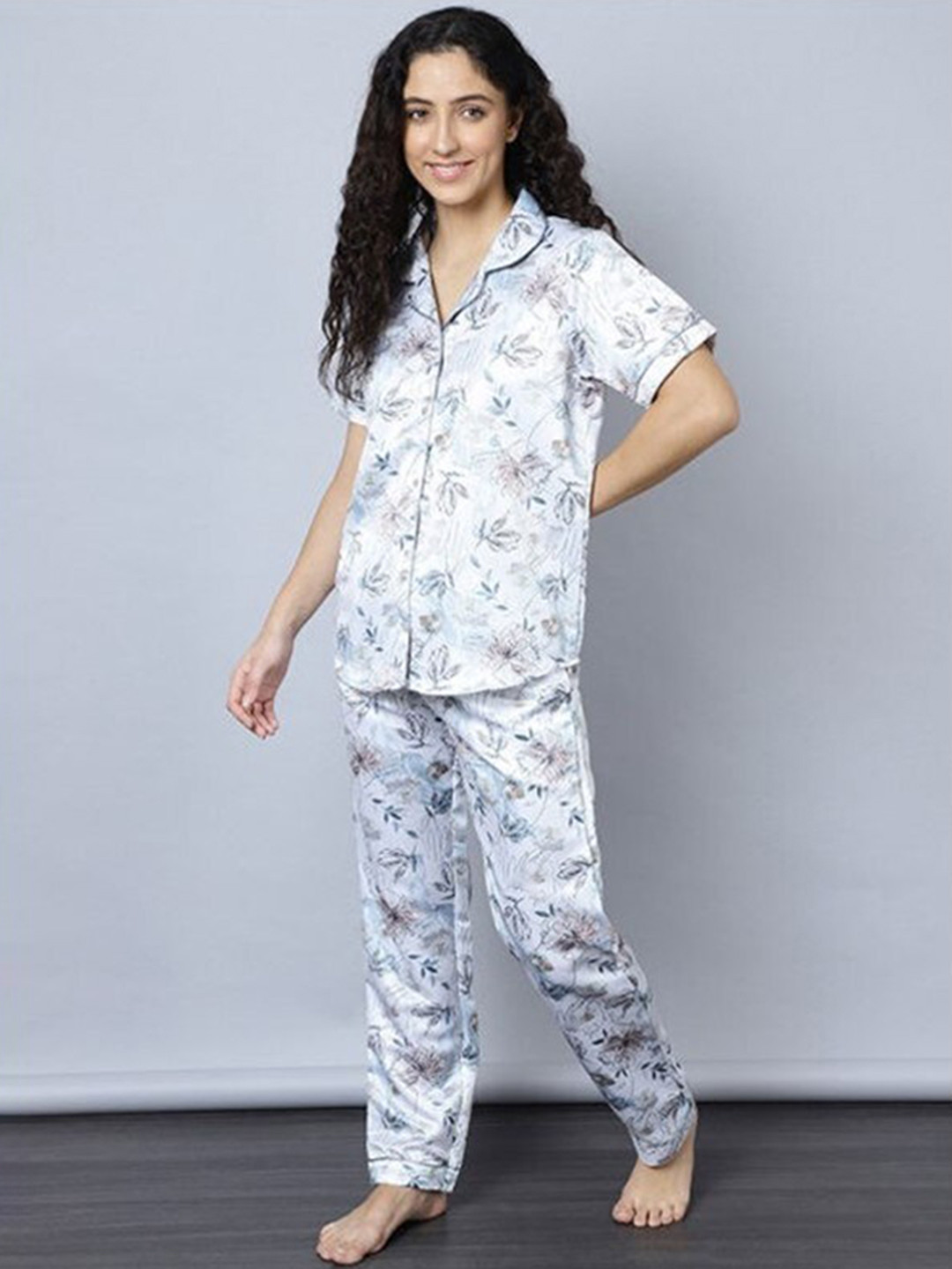

Aila Floral Printed Pure Cotton Night Suit, White