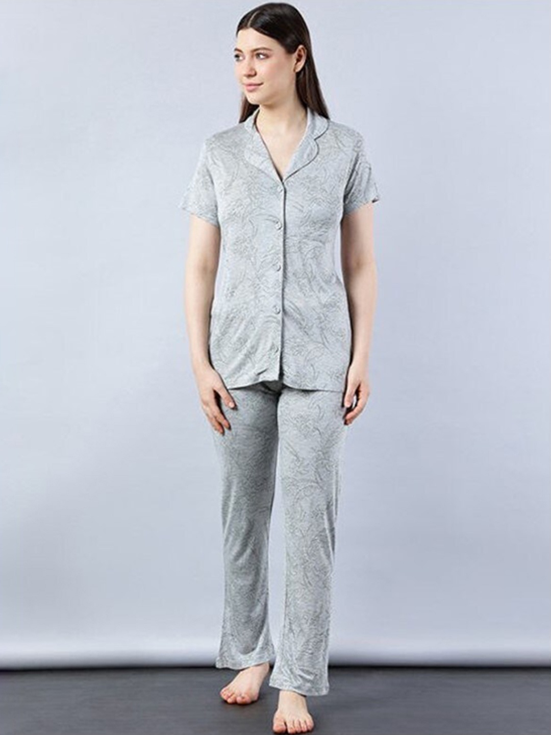 

Aila Floral Printed Pure Cotton Night Suit, Grey