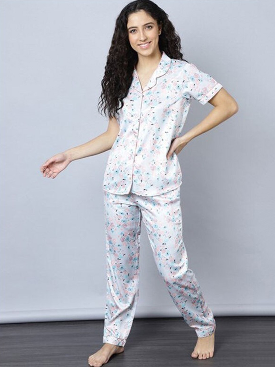 

Aila Floral Printed Lapel Collar Pure Cotton Night suit, White