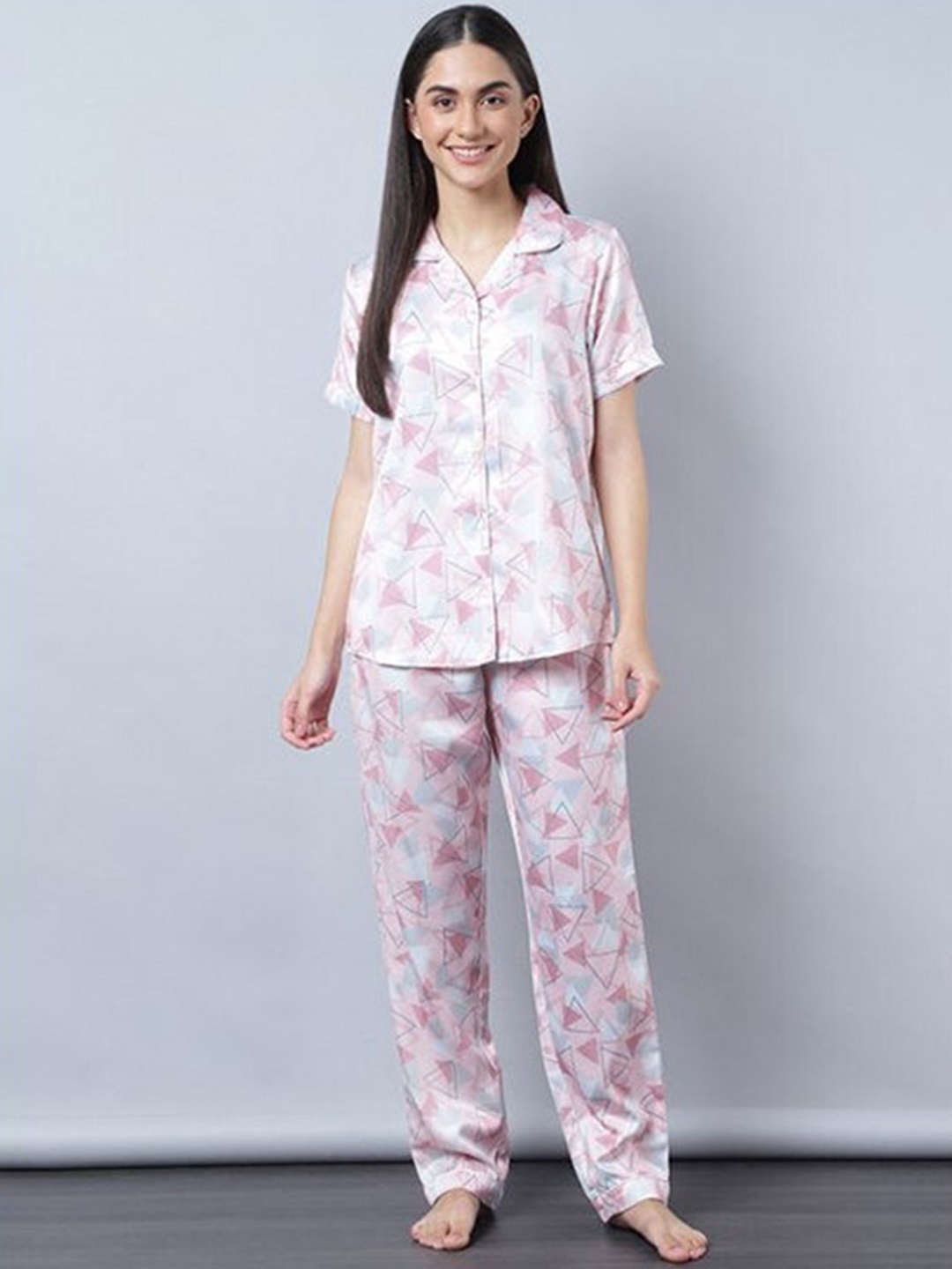 

Aila Geometric Print Pure Cotton Night suit, White