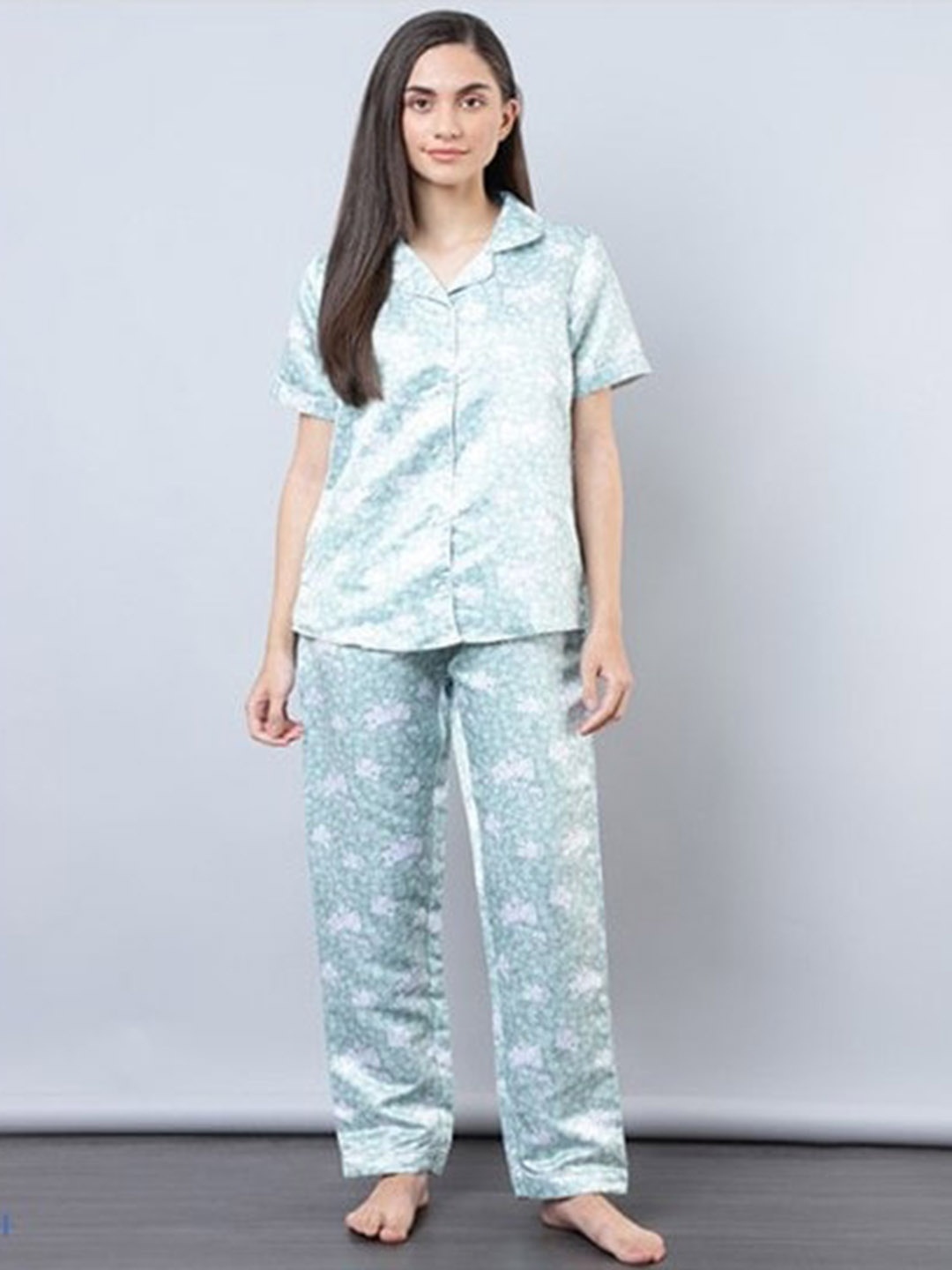 

Aila Floral Printed Lapel Collar Pure Cotton Night suit, Green