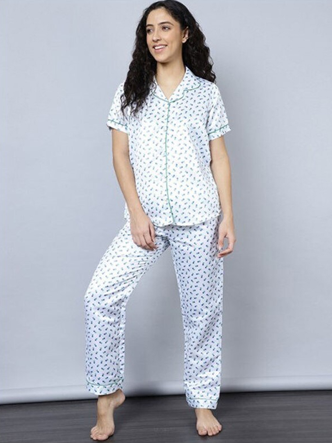 

Aila Floral Print Pure Cotton Night suit, White