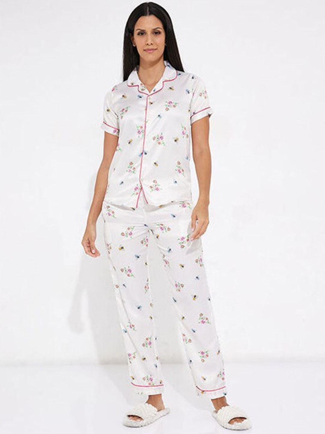 

Aila Floral Print Pure Cotton Night suit, White