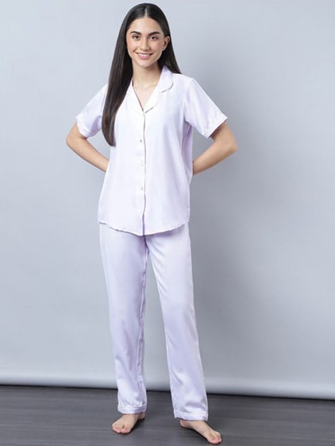 

Aila Lapel Collar Pure Cotton Night suit, White