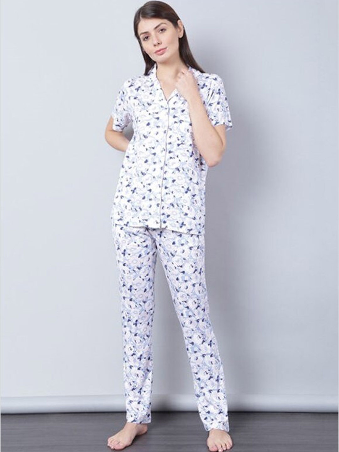 

Aila Floral Printed Lapel Collar Shirt With Pyjamas, White