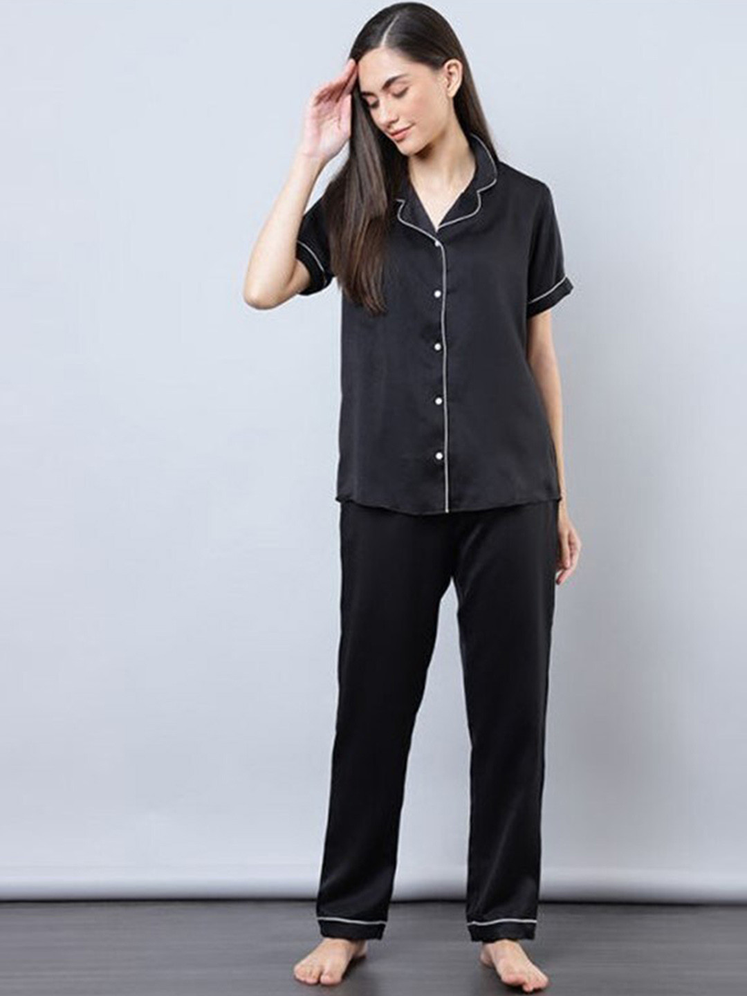 

Aila Lapel Collar Pure Cotton Night suit, Black