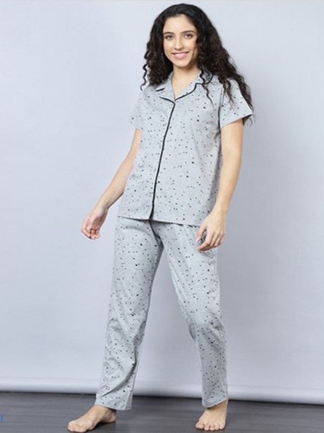 

Aila Polka Dots Printed Shirt With Pyjamas, Grey