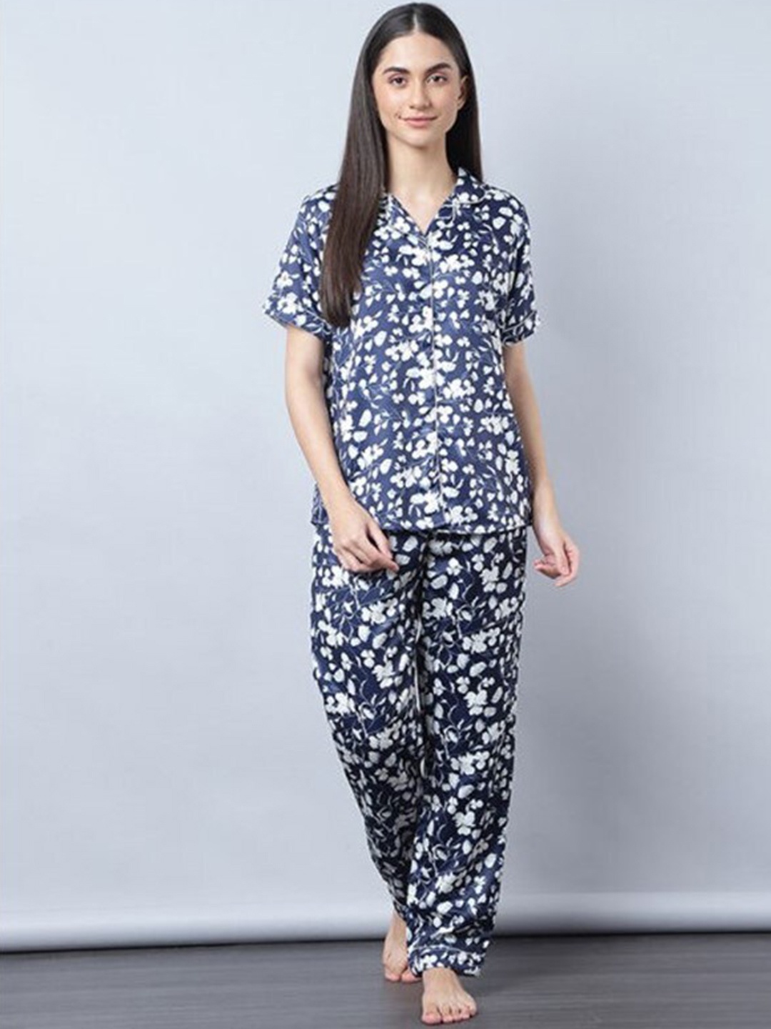 

Aila Floral Printed Lapel Collar Long Sleeves Pure Cotton Shirt With Pyjamas, Blue