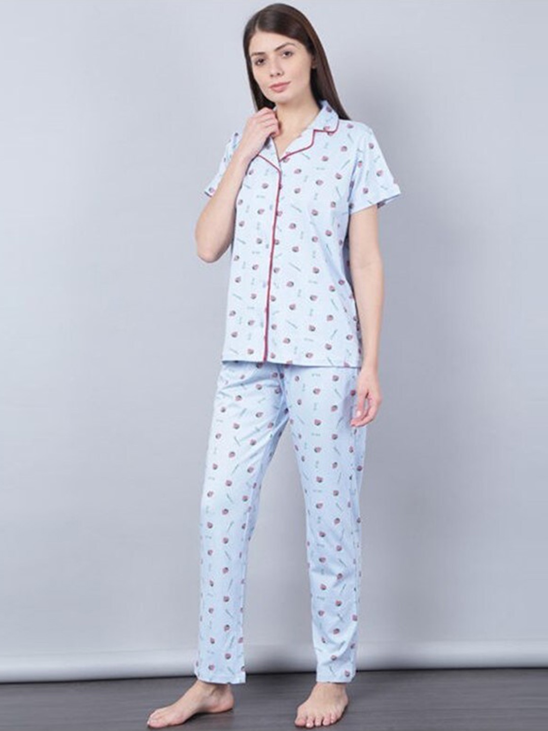 

Aila Conversational Printed Lapel Collar Shirt With Trouser, Blue
