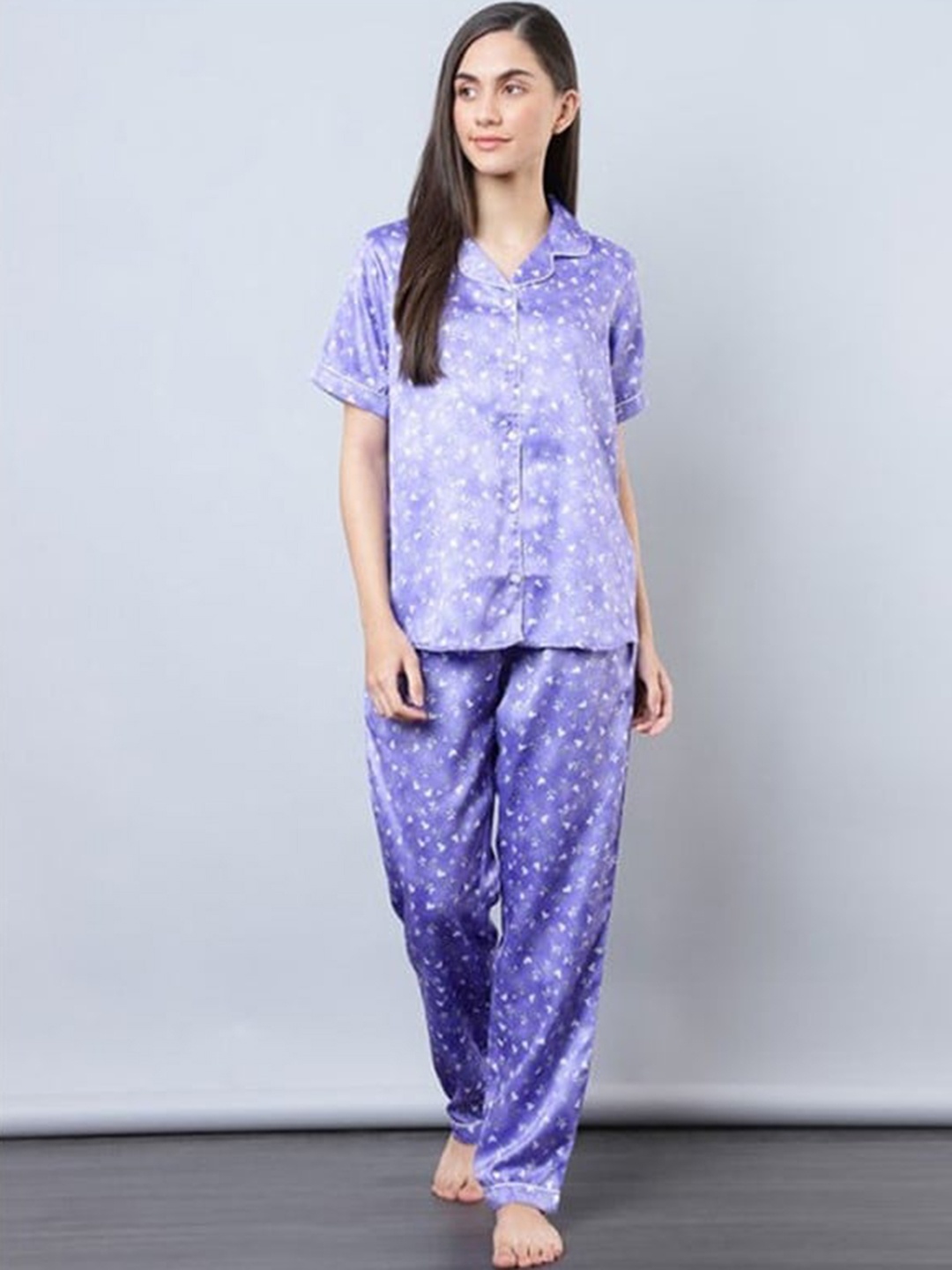 

Aila Printed Lapel Collar Night suit, Blue