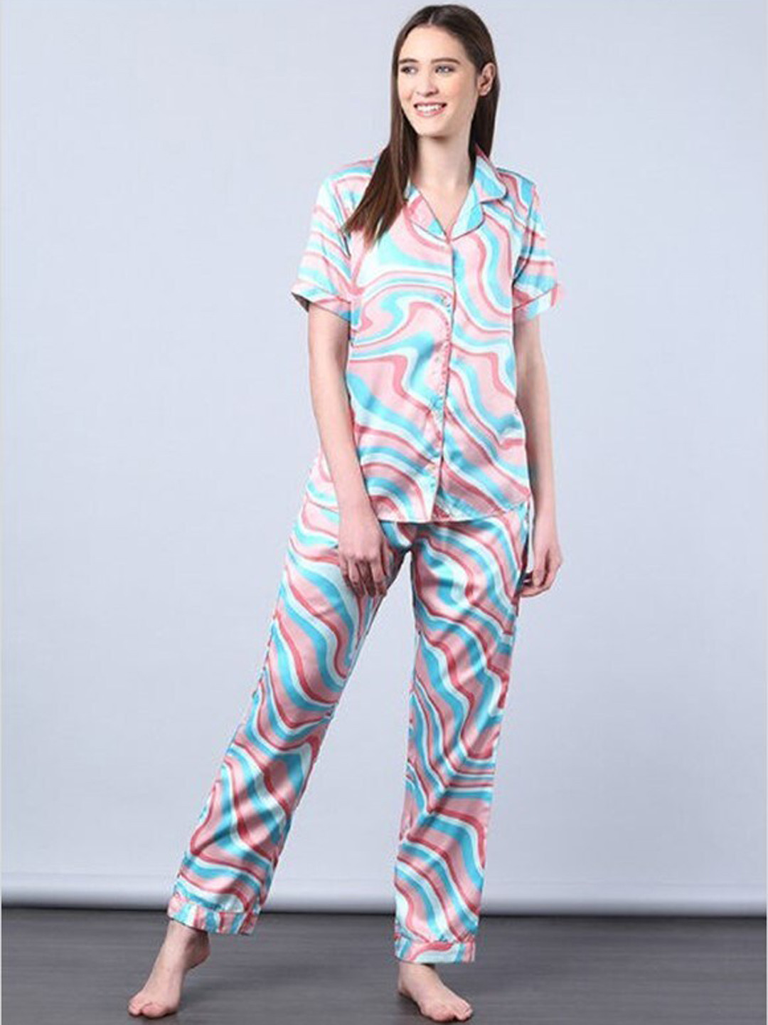 

Aila Abstract Printed Lapel Collar Long Sleeves Shirt With Pyjamas, Blue