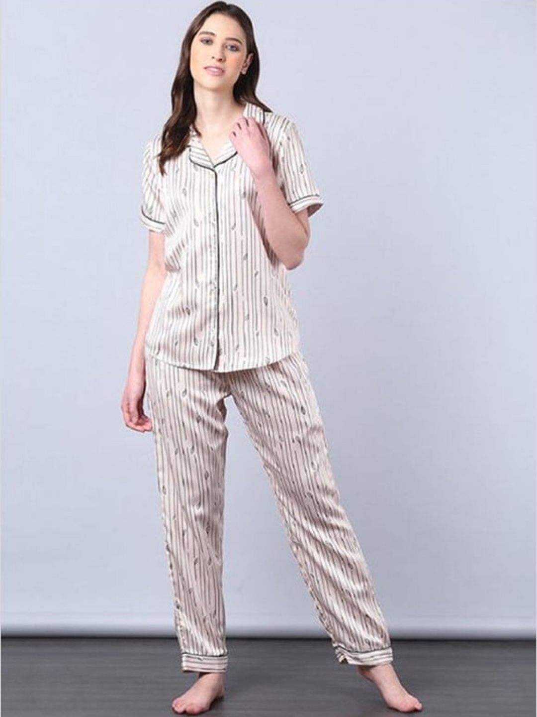 

Aila Striped Night Suit, White