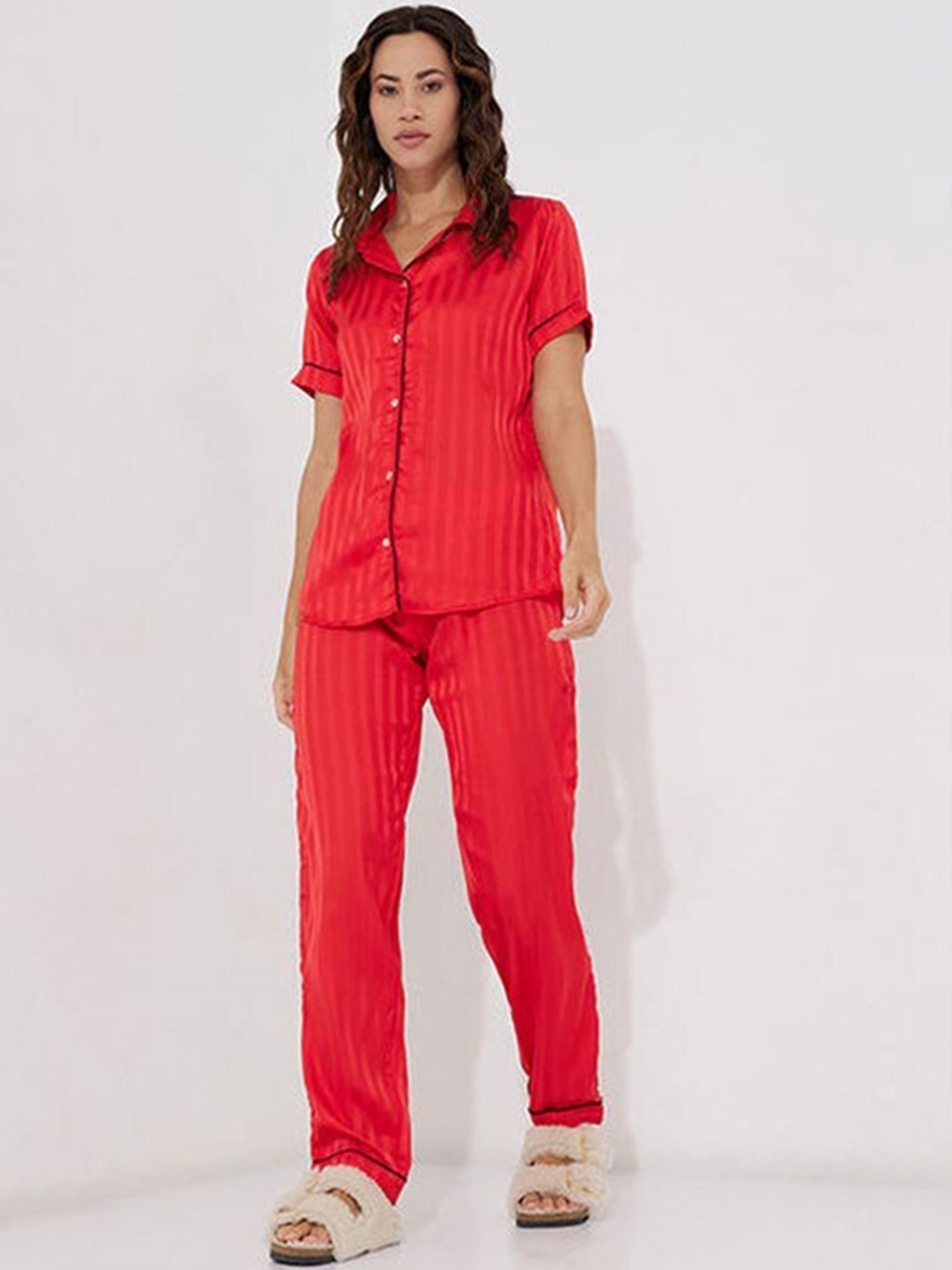 

Aila Striped Lapel Collar Pure Cotton Shirt With Trouser, Red