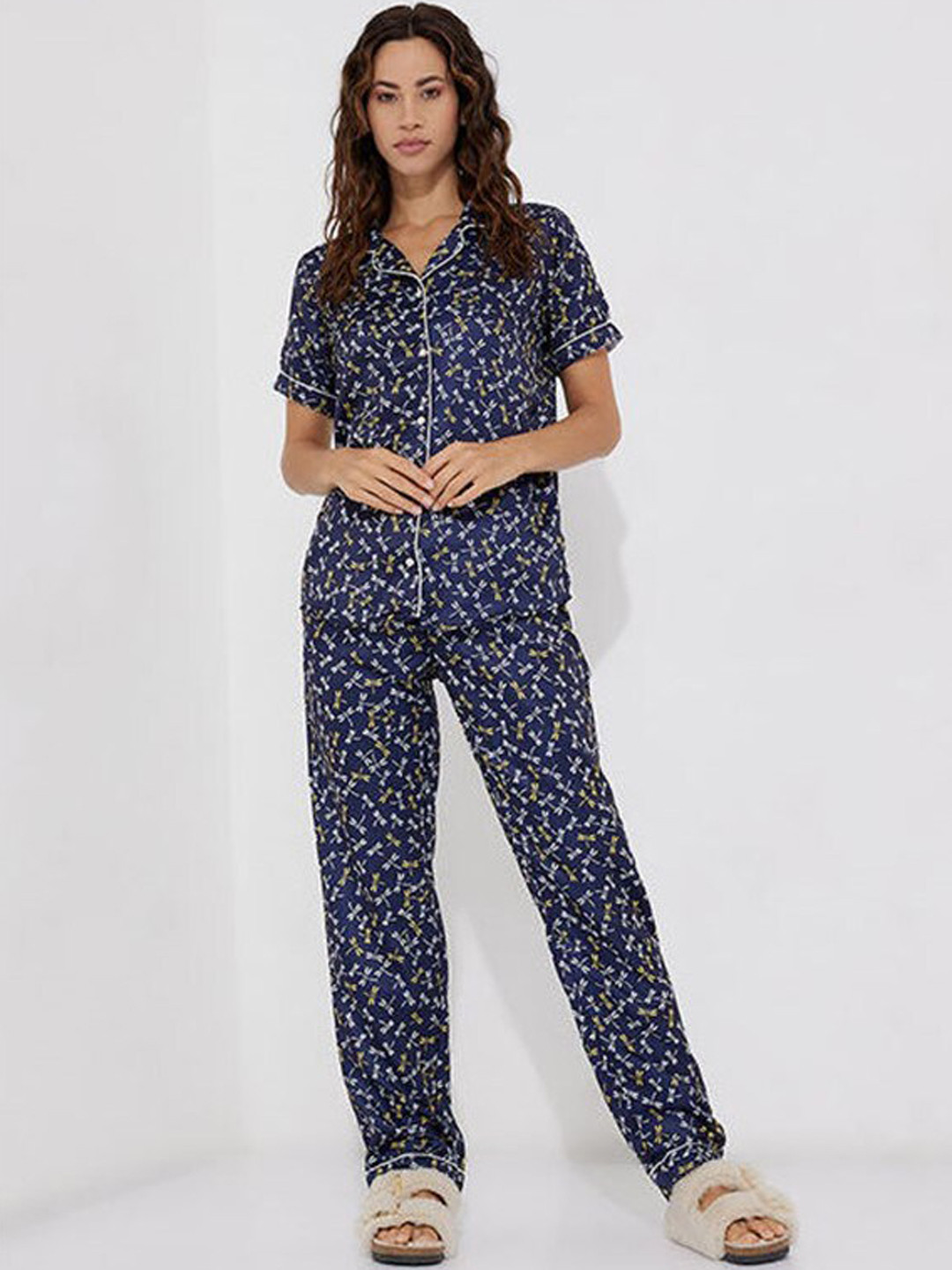 

Aila Printed Pure Cotton Shirt With Pyjamas, Blue