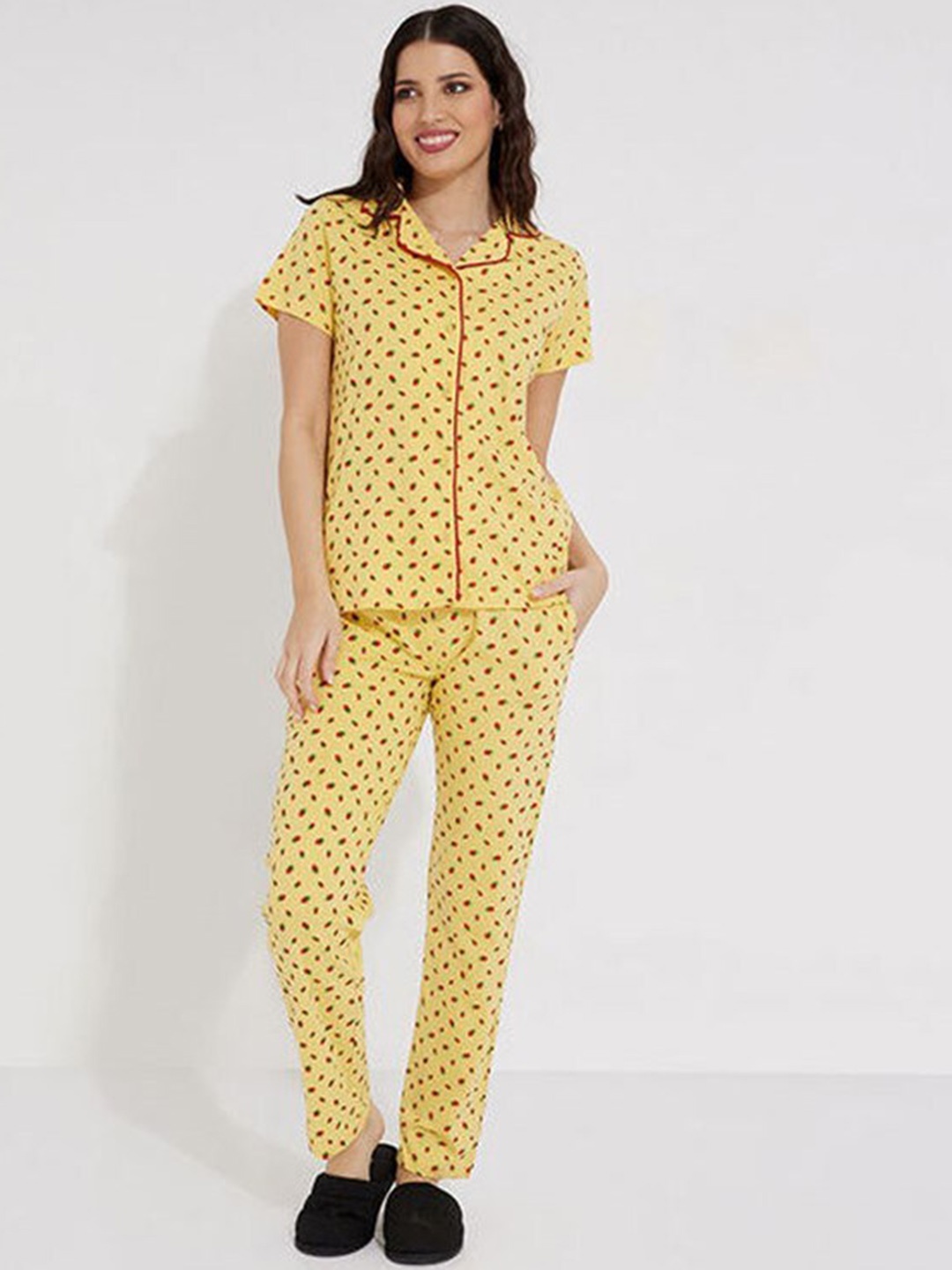 

Aila Floral Printed Lapel Collar Long Sleeves Shirt With Pyjamas, Yellow