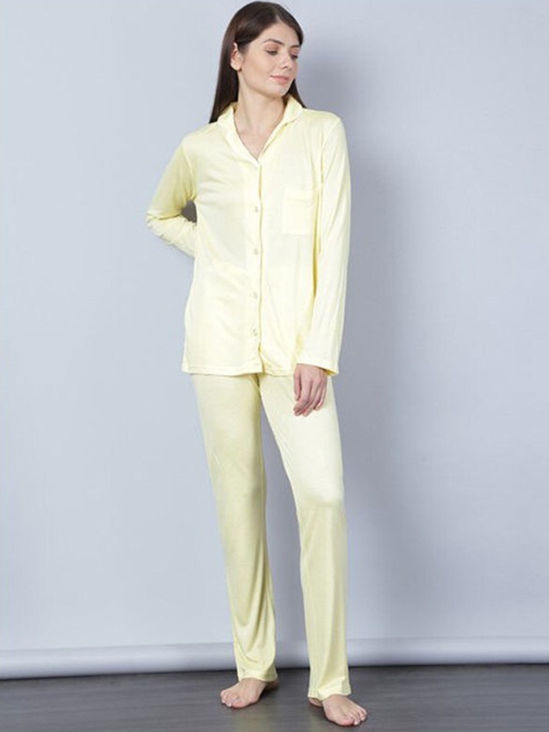 

Aila Lapel Collar Long Sleeves Night Suit, Yellow