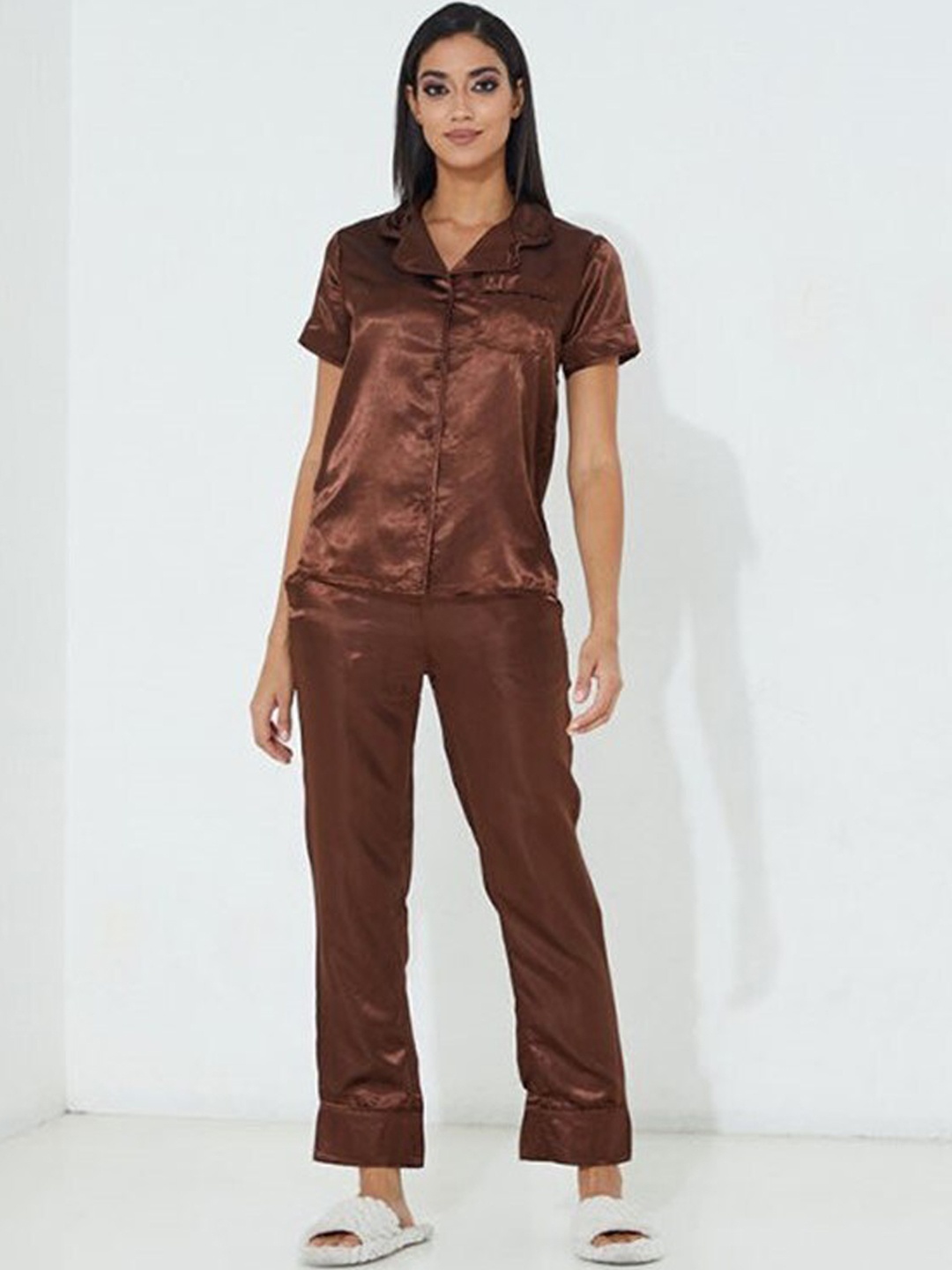 

Aila Lapel Collar Pure Cotton Shirt With Pyjamas, Brown