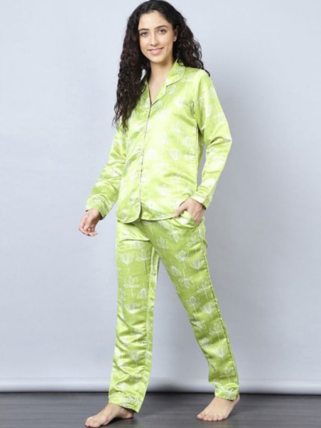

Aila Floral Printed Pure Cotton Night Suit, Green