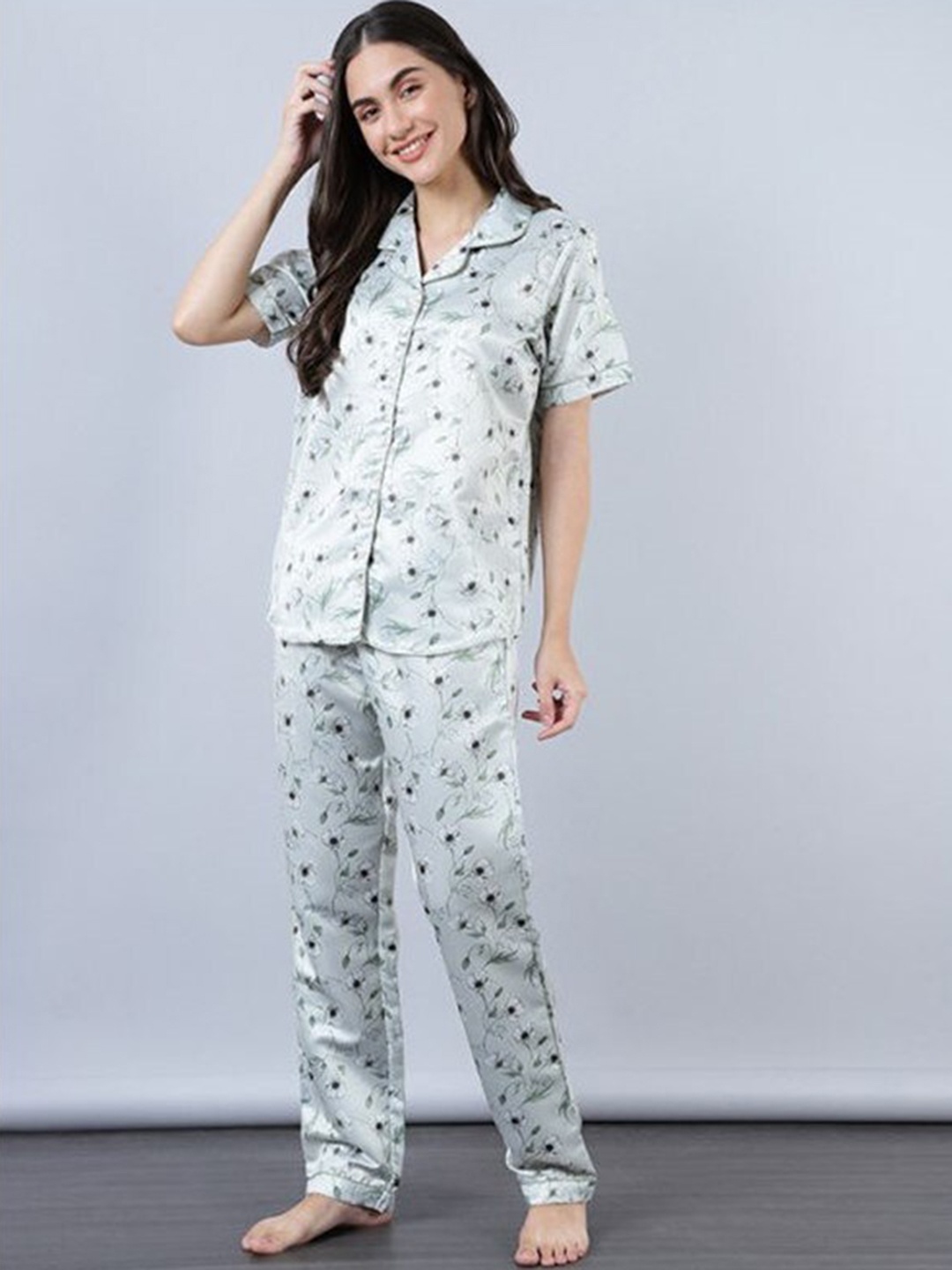 

Aila Floral Printed Lapel Collar Pure Cotton Night suit, Blue