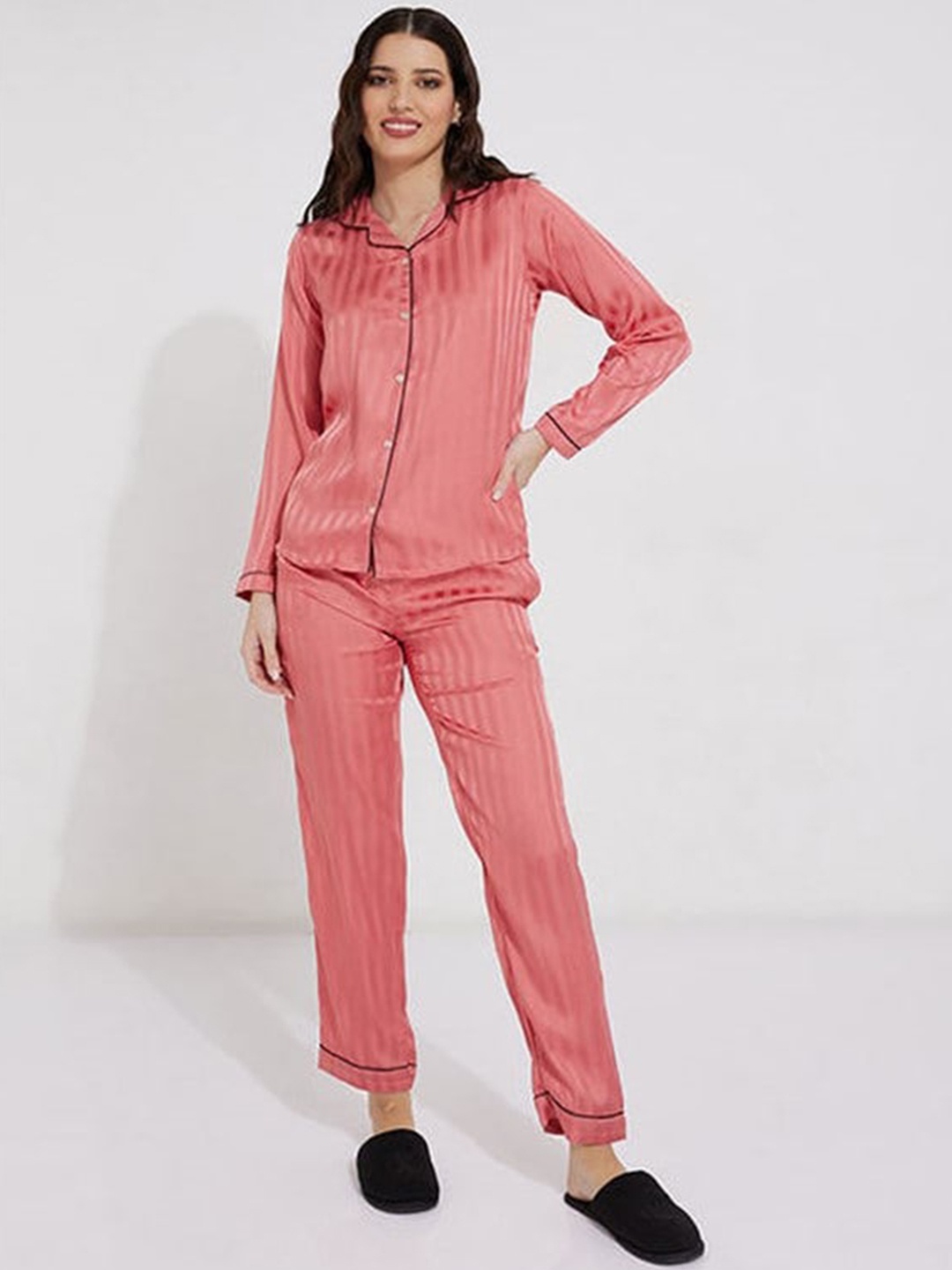 

Aila Striped Lapel Collar Long Sleeves Shirt With Pyjamas, Peach