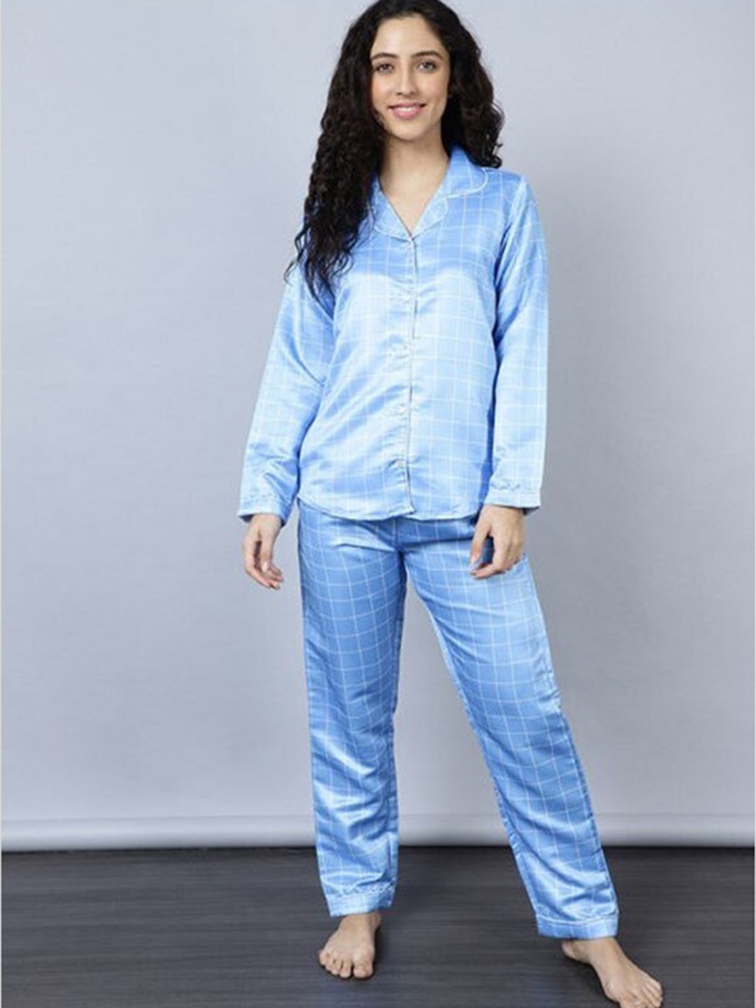 

Aila Checked Printed Lapel Collar Long Sleeves Pure Cotton Night Suit, Blue