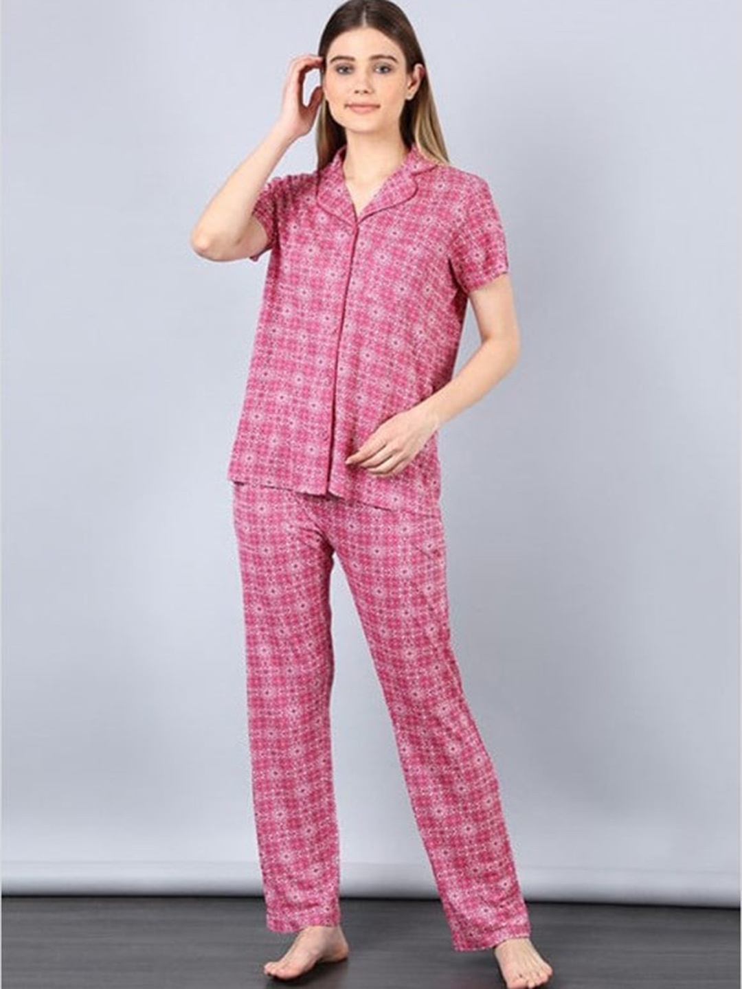 

Aila Ethnic Motifs Printed Lapel Collar Night Suit, Pink