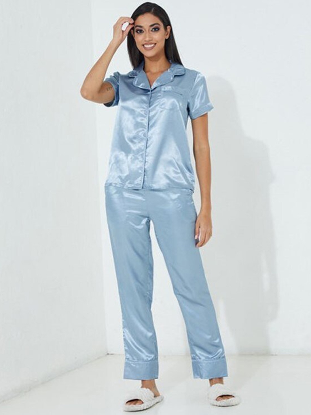 

Aila Lapel Collar Pure Cotton Shirt With Pyjamas, Grey