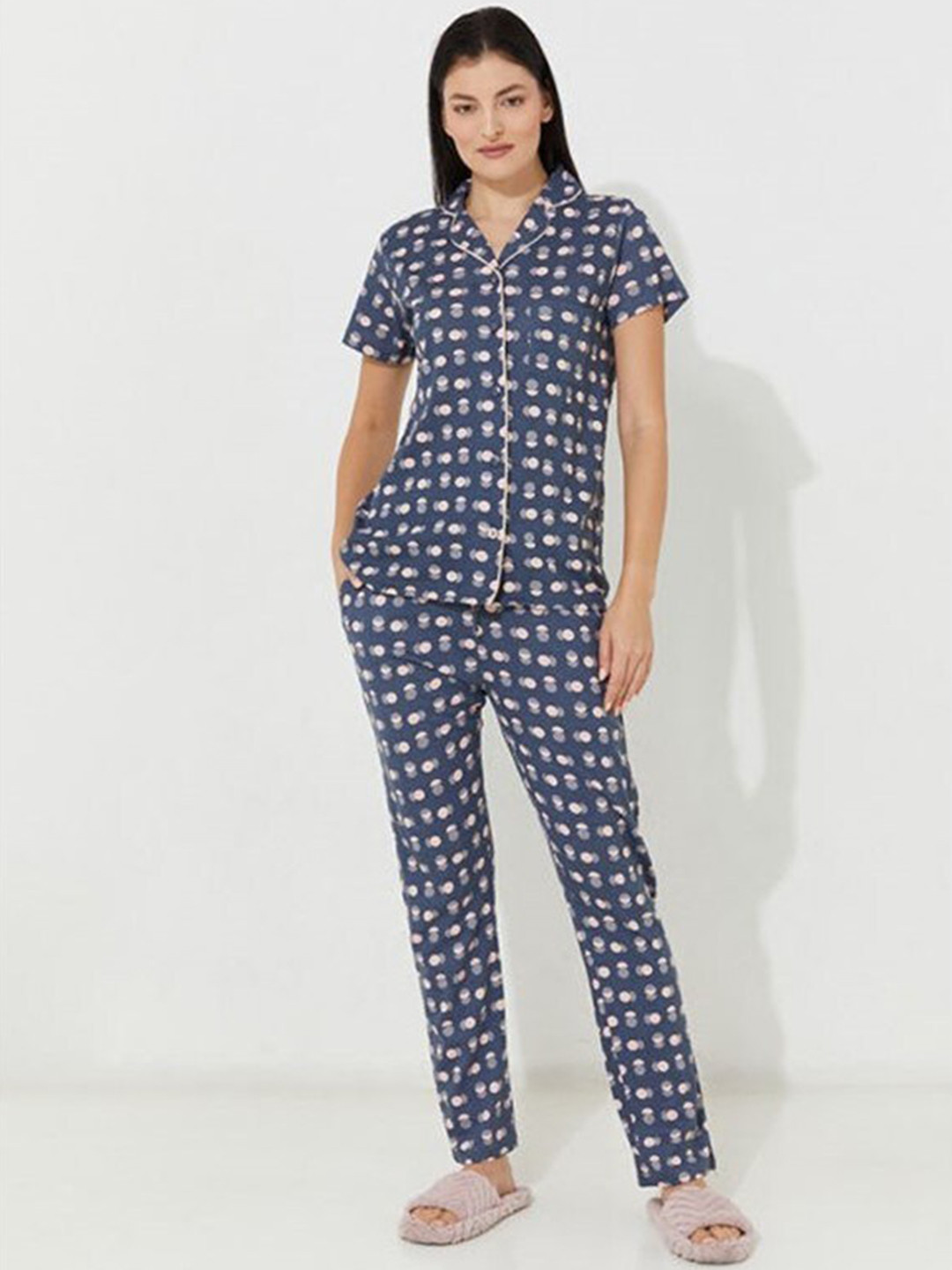 

Aila Geometric Print Night suit, Blue