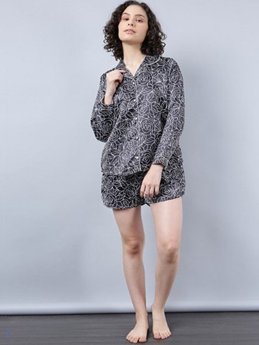 

Aila Floral Printed Lapel Collar Long Sleeves Pure Cotton Shirt With Shorts, Black