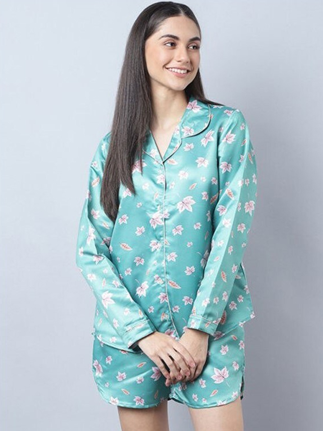 

Aila Floral Printed Pure Cotton Shirt With Shorts, Green