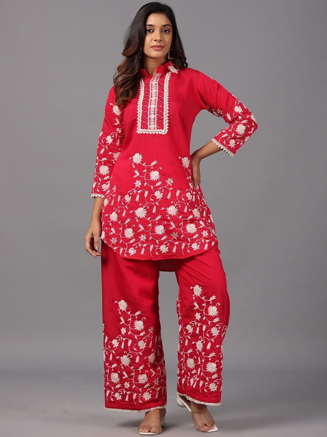 

Amchoor Floral Embroidered Shirt Collar Tunic & Palazzo, Pink