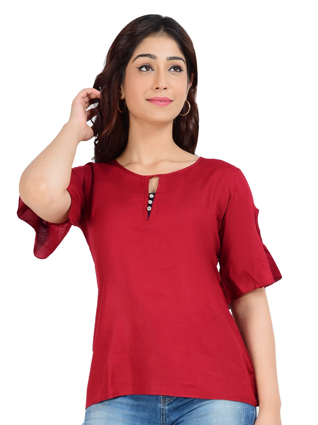 

BAESD Keyhole Neck Slit-Sleeves Top, Maroon