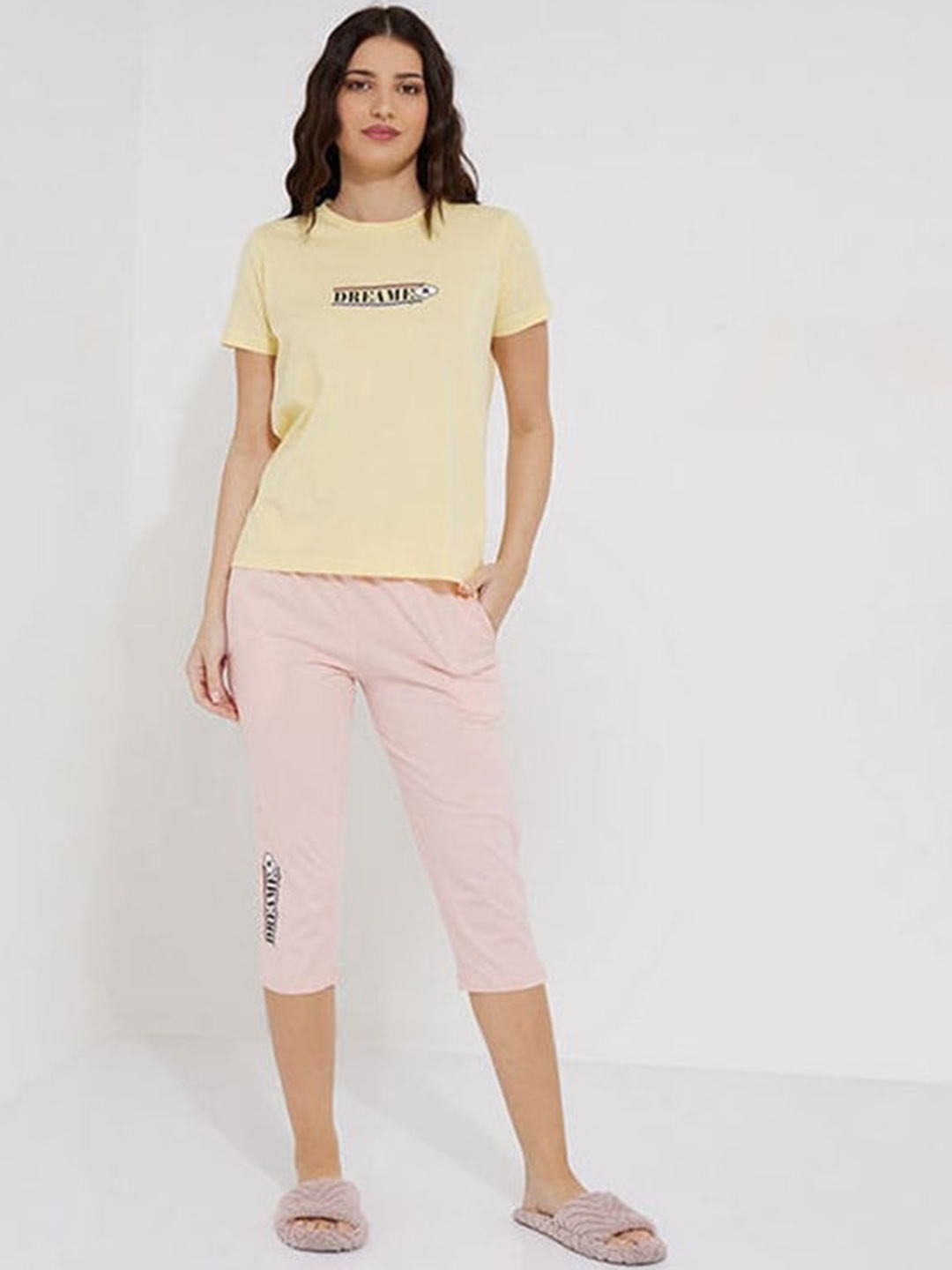

Aila Typography Print Pure Cotton Night suit, Yellow