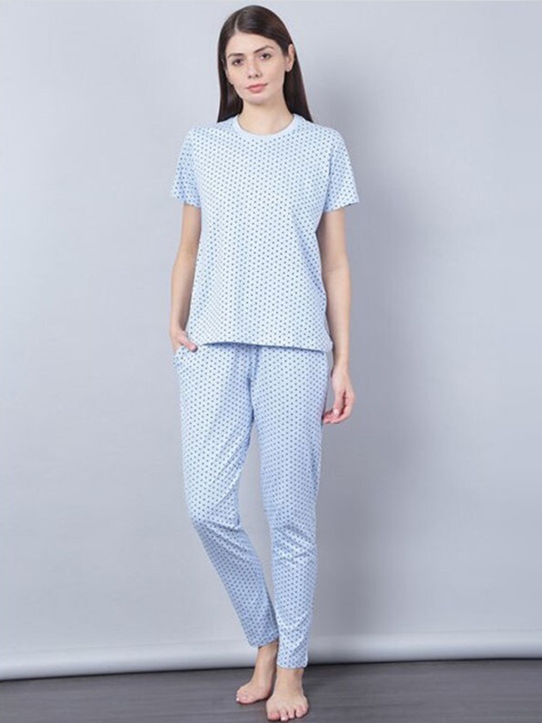 

Aila Polka Dots Printed T-shirt With Pyjamas, Blue