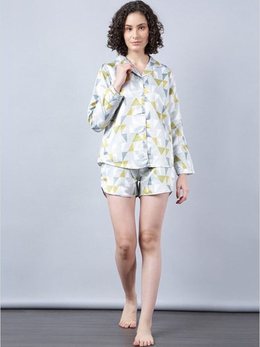 

Aila Geometric Printed Lapel Collar Pure Cotton Night Suit, Grey