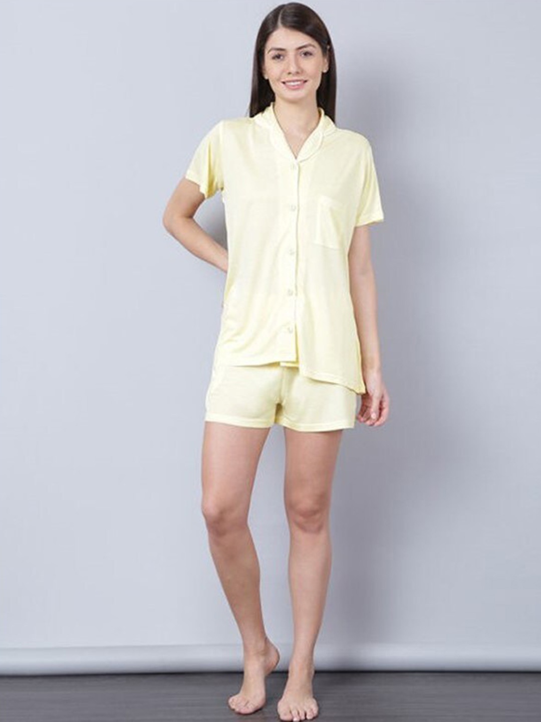 

Aila Lapel Collar Shirt With Shorts, Yellow