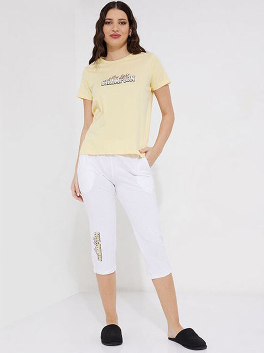 

Aila Typography Printed Pure Cotton Night Suit, Yellow