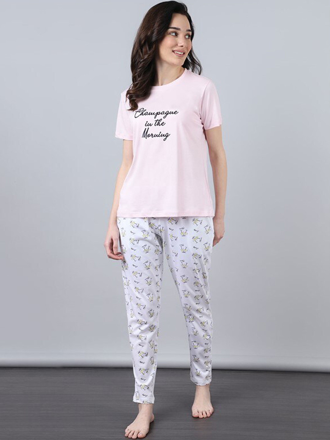 

Aila Typography Printed Pure Cotton Night Suit, White