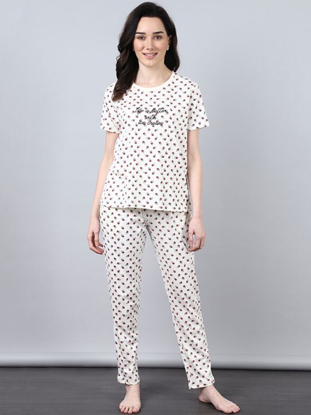 

Aila Printed Pure Cotton T-shirt With Pyjamas, Cream
