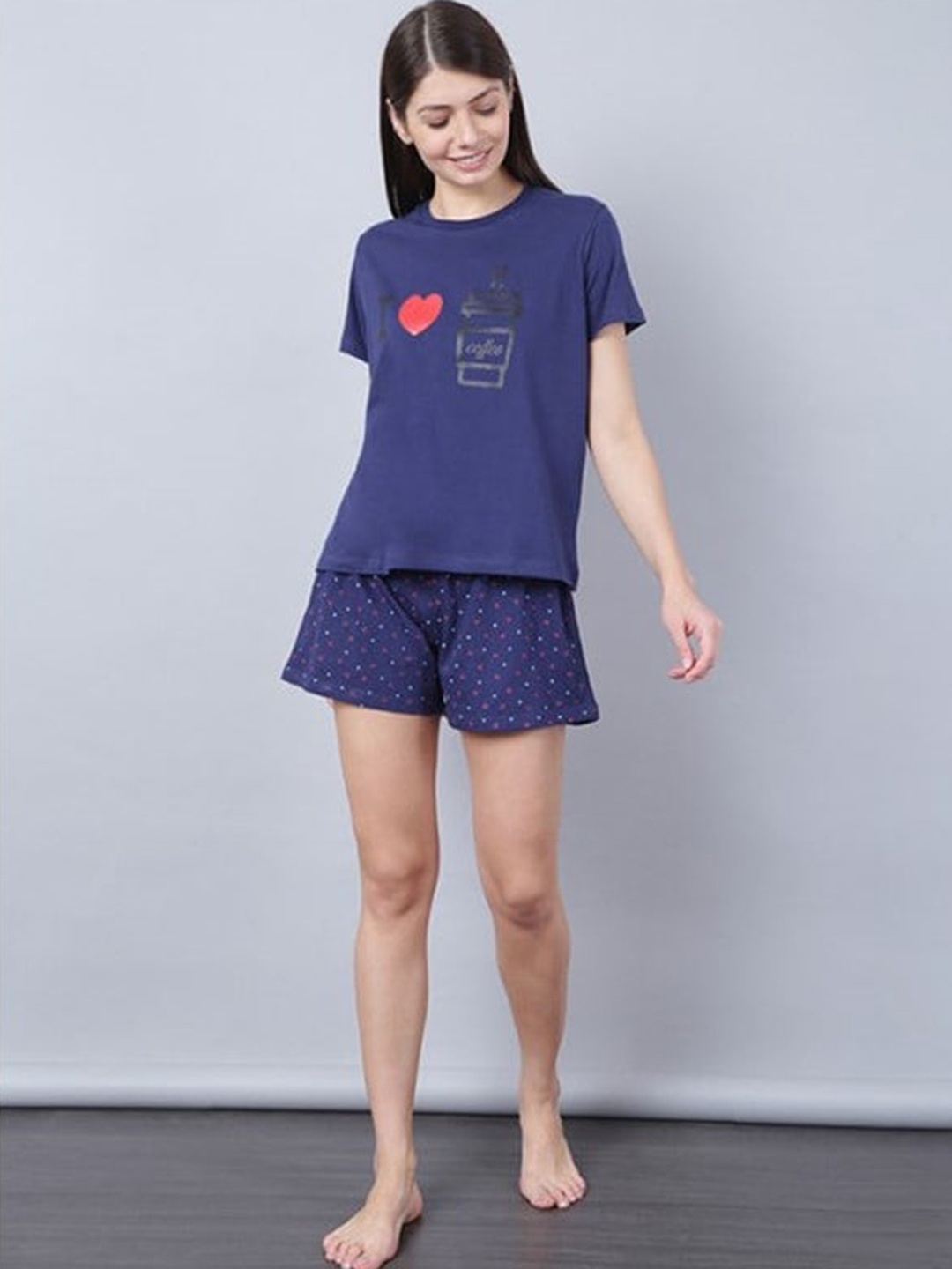 

Aila Floral Printed Pure Cotton T-shirt With Shorts, Blue