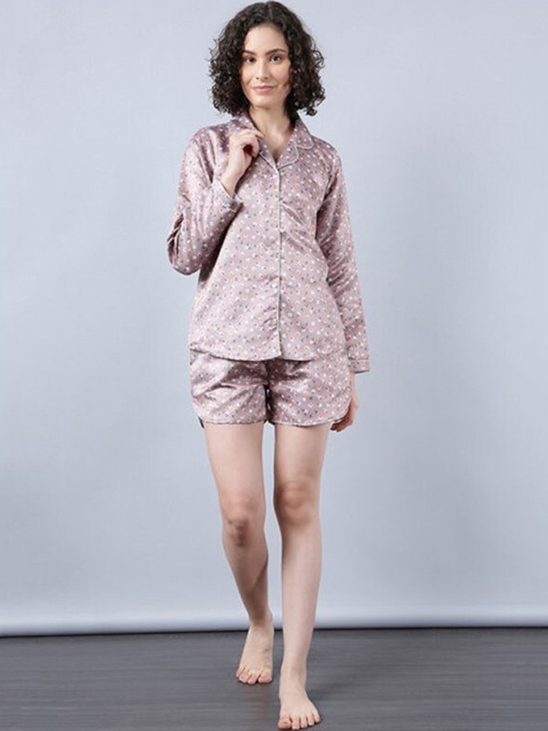 

Aila Floral Printed Lapel Collar Shirt & Shorts, Pink