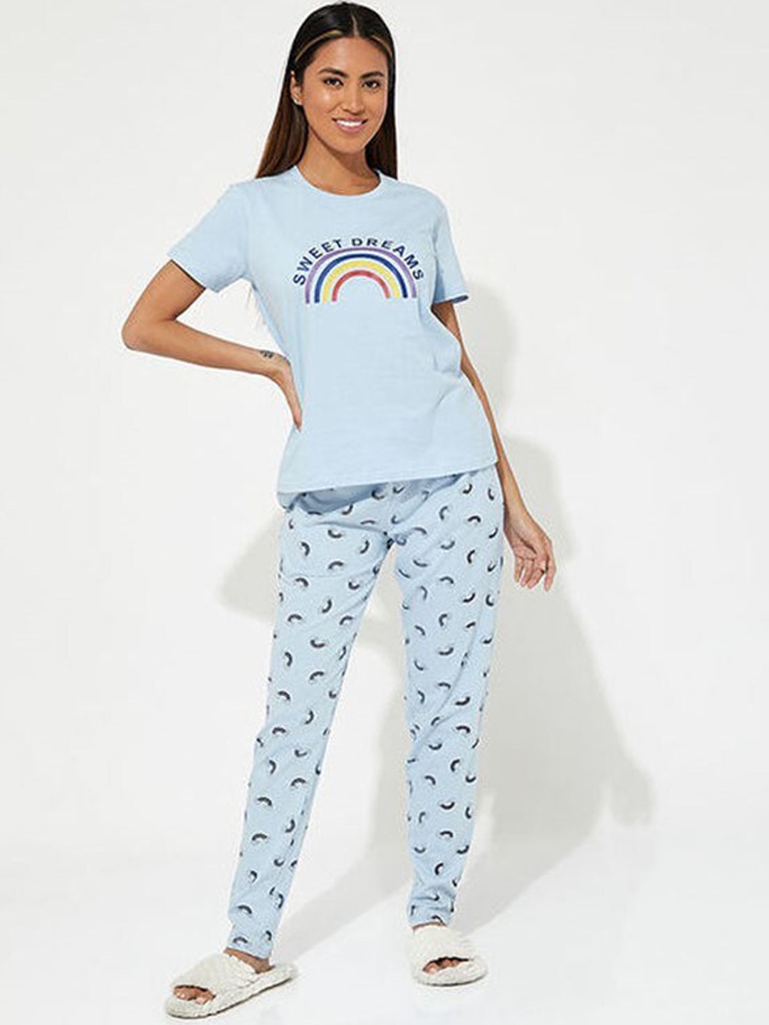 

Aila Graphic Printed Pure Cotton Night suit, Blue