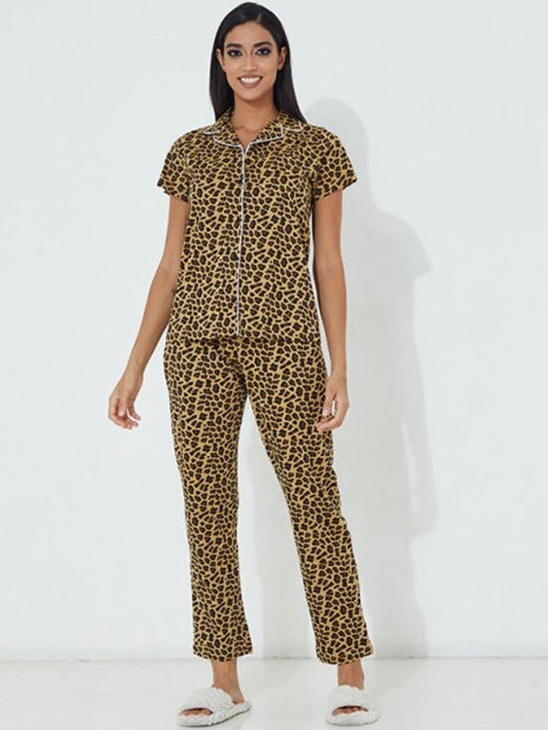 

Aila Animal Printed Night suit, Brown